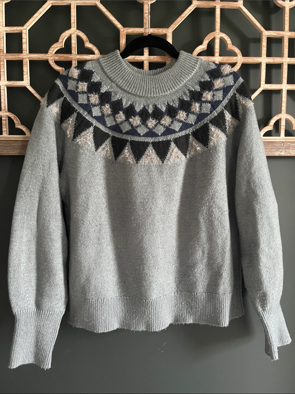 Ann Taylor Sage Green, Navy, Gray Fair Isle Turtleneck Sweater; fits M/L